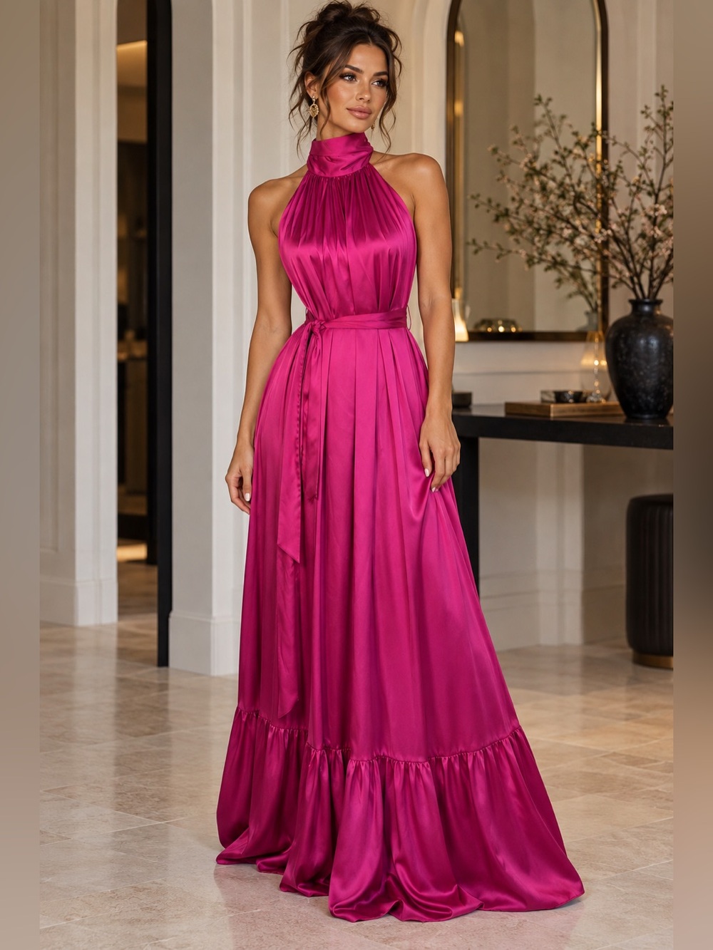 Belle Badgley Mischka Size 8 Fuchsia Pink Satin Halter Maxi Gown Tie Waist
